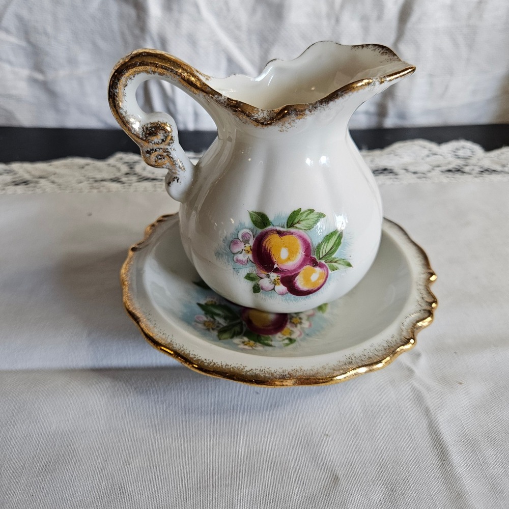 Vintage Homco Apple Blossom Pitcher Creamer w/ Saucer 1407 Japan